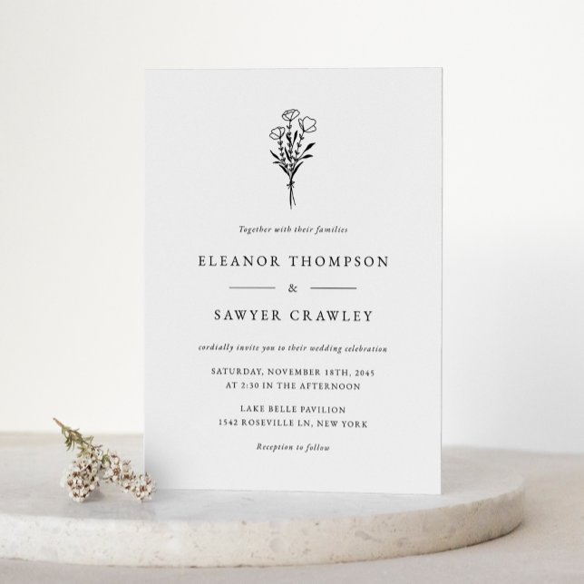Black Minimalistisch Floral Bouquet QR Code Weddin Einladungspostkarte (Black Minimalist Floral Bouquet QR Code Wedding Invitation Postcard)