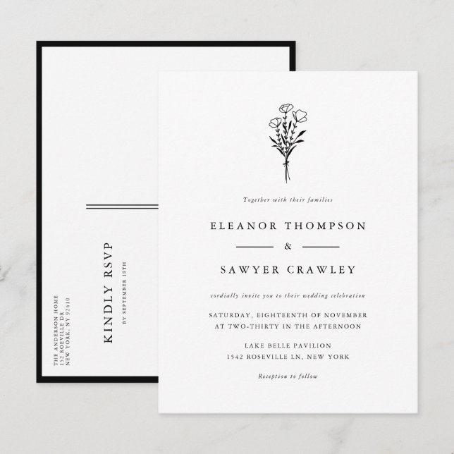 Black Minimalistisch Floral Bouquet Wedding Einladungspostkarte (Vorne/Hinten)