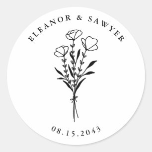 Black Minimalistisch Floral Bouquet Wedding Runder Aufkleber