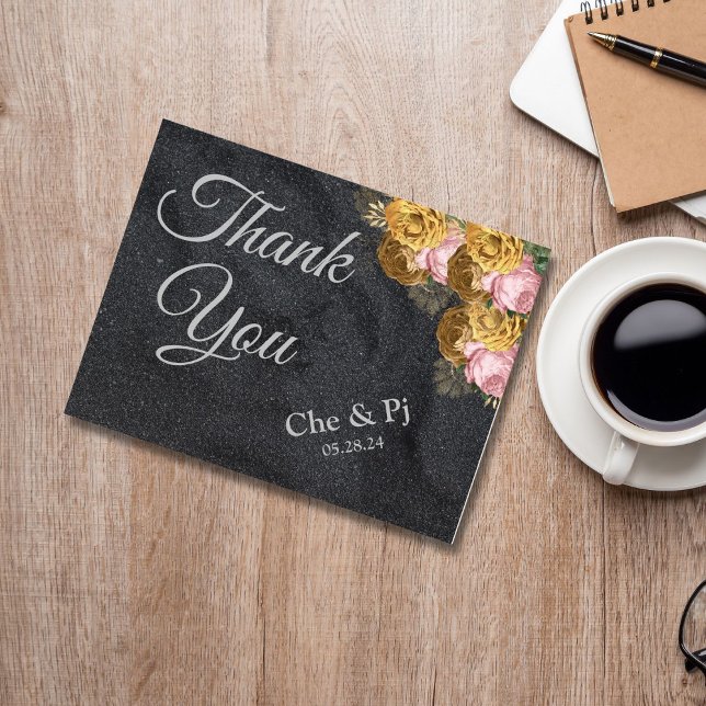 Black Minimalistisch Floral Dankeschön Karte (Von Creator hochgeladen)