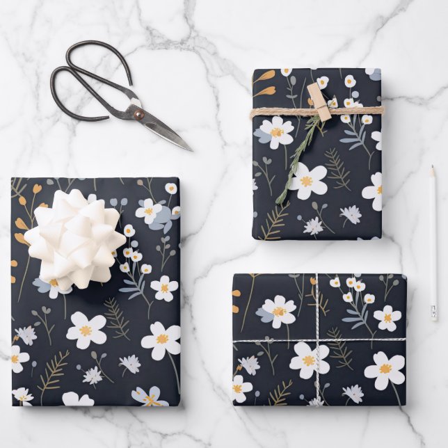 Black Minimalistisch Gentle Garden Wildblumen Kind Geschenkpapier Set (Vorderseite)