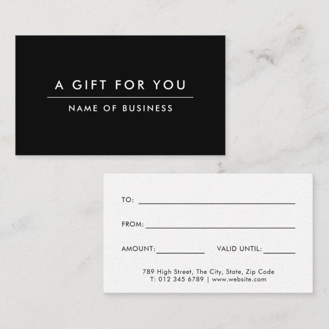 Black Minimalistisch Modern Gift Certificate Mitteilungskarte (Vorne/Hinten)