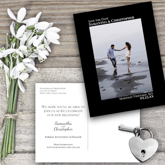 Black Minimalistisch Wedding Foto Save the Date Ankündigungspostkarte (Von Creator hochgeladen)