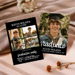 Black Modern 4 Photo Graduation Invitation Einladung<br><div class="desc">Announce your milestone with this "Modern Black" graduation party invitation. Featuring a stylish 4-photo collage layout to showcase your favorite senior portraits against a sleek dark background. The trendy brush script typography and minimalist design make it a perfect choice for both high school and college Class of 2026 graduates. Easily...</div>