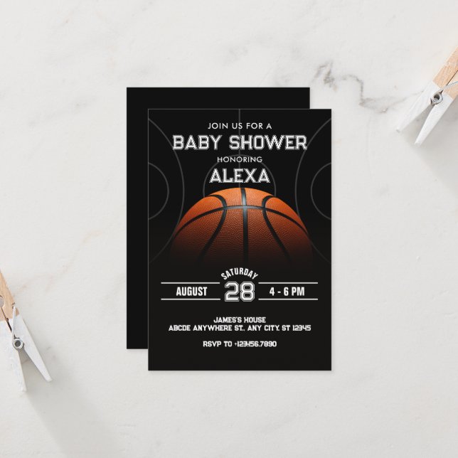 Black Modern Basketball Babydusche Einladung (Vorderseite/Rückseite Beispiel)