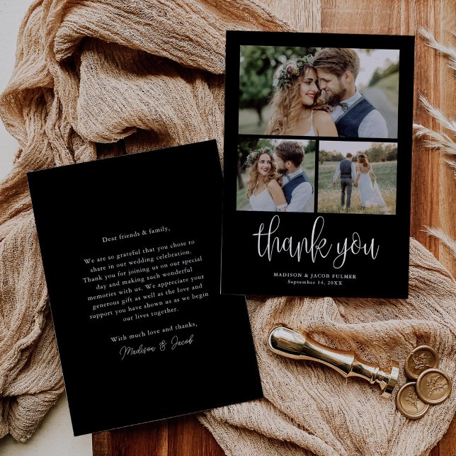 Black Modern Calligraphy Wedding Three Foto Dankeskarte (Von Creator hochgeladen)