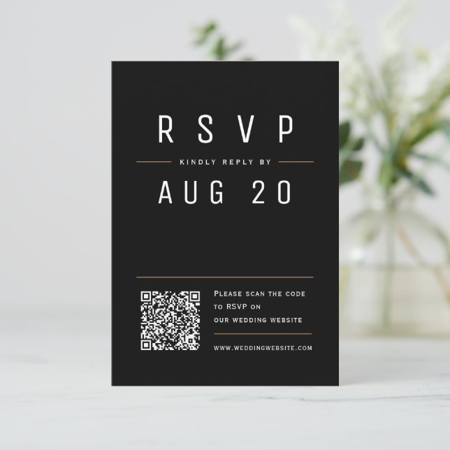 Black Modern Chic Simple Typografy QR-Code RSVP Karte (Stehend Vorderseite)