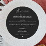 Black Modern Circle Wedding | Minimalistische Rund Menükarte<br><div class="desc">Lassen Sie Ihren Empfang mit diesem feinen und zeitgenössischen, runden Hochzeitsmenü, das in schwarz gehalten ist, für einen dramatischen und dennoch raffinierten Look. Das minimalistische Design und die moderne, kreisförmige Form verleihen dem Speiseplan einen stilvollen Eindruck, während der Schwerpunkt auf das sorgfältig zubereitete Essen behalten wird. Ideal für Hochzeiten in...</div>