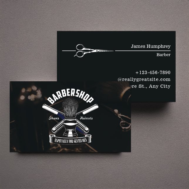 Black Modern Classic Hair Stylist Barbershop Visitenkarte (Von Creator hochgeladen)