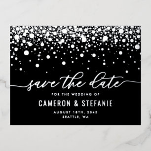 Black Modern Confetti Silver Foil Save the Date Folie Einladungspostkarte
