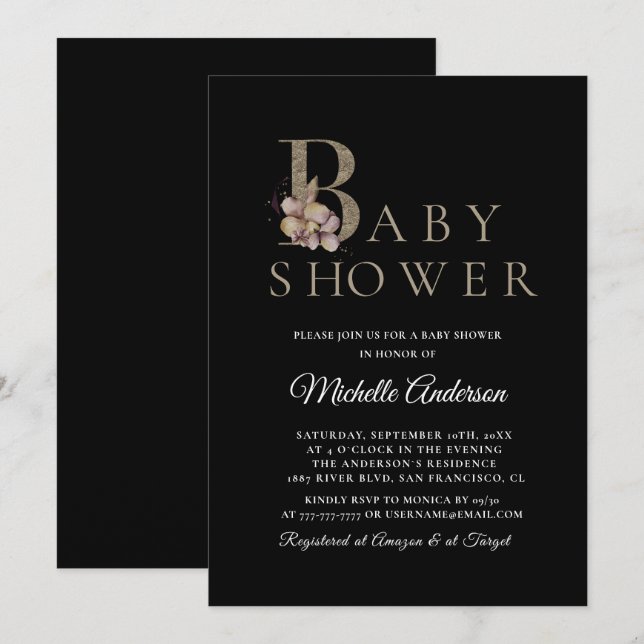 Black Modern Elegant Baby Shower Einladung (Vorne/Hinten)