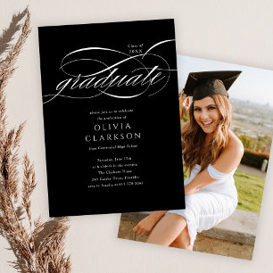 Black Modern Elegante Script Foto Graduation Party Einladung