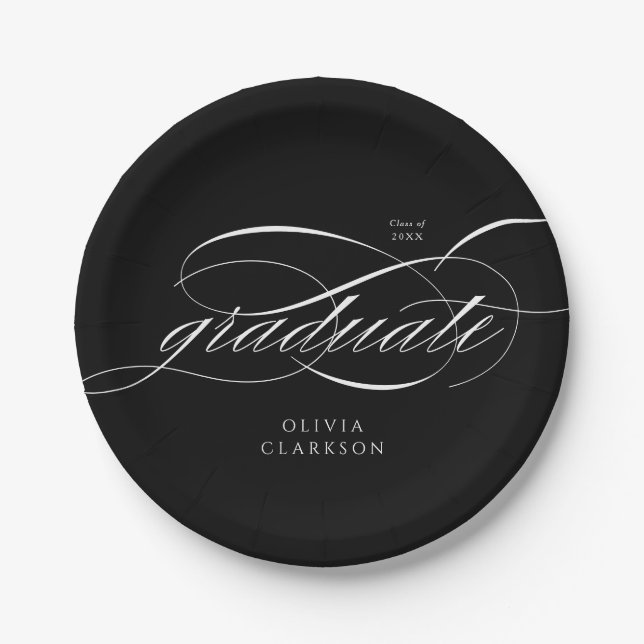 Black Modern Elegante Script Foto Graduation Party Pappteller (Vorderseite)