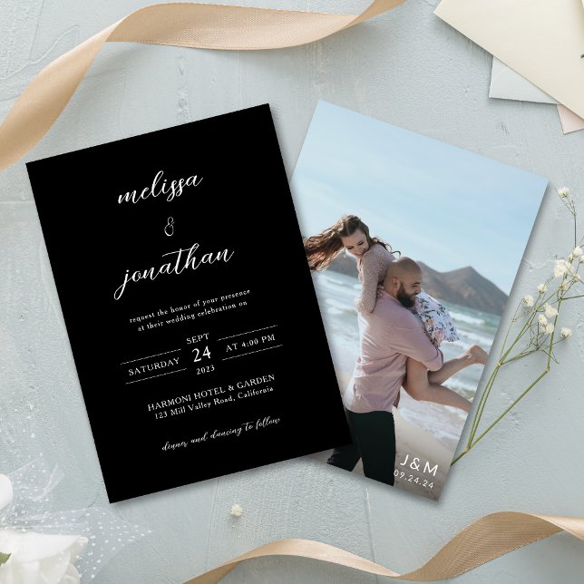 Black Modern Foto Script Monogram Wedding Einladung (Von Creator hochgeladen)