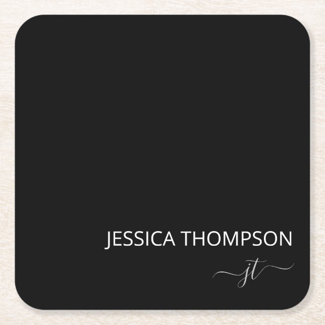 Black Modern Girly White Simple Monogram Name Tri Rechteckiger Pappuntersetzer (Vorderseite)