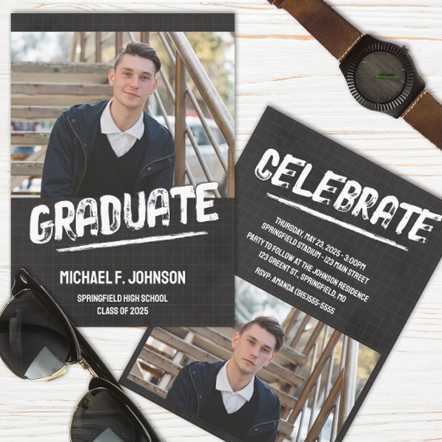 Black Modern Grunge Foto Einladung (Masculine Graduation Announcement)