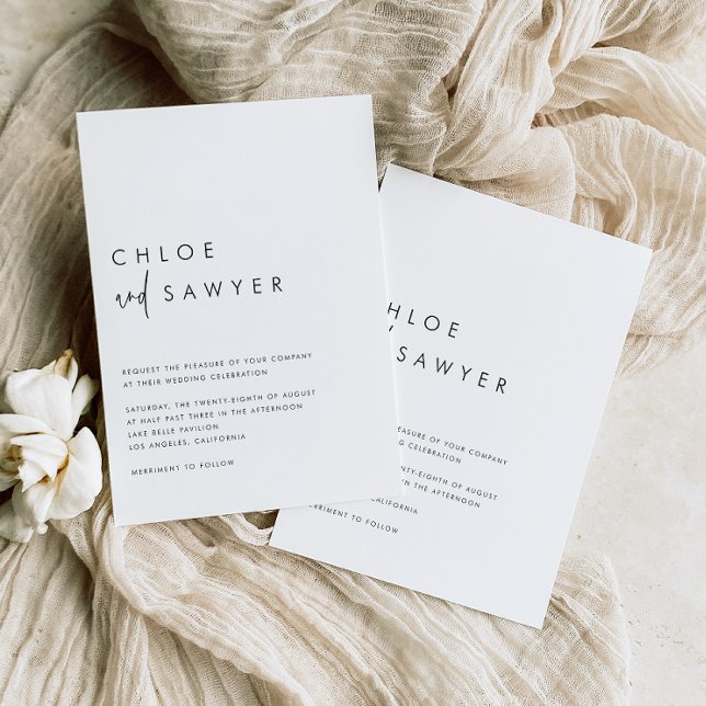 Black Modern handgeschriebenes Script QR Code Hoch Einladung (This minimalist wedding invitation features a built-in QR code, combined with a modern typography.)