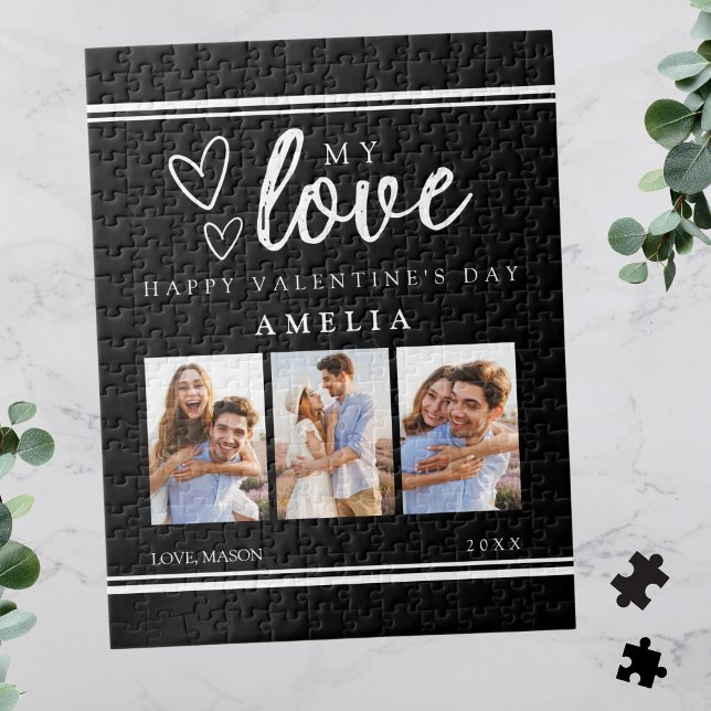 Black Modern Happy Valentine's Photo Collage (Black Modern Happy Valentine's Photo Collage Jigsaw Puzzle for Her)