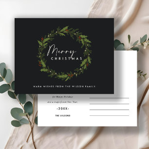 BLACK MODERN HOLLY BERRY WREATH MERRY CHRISTMAS FEIERTAGSPOSTKARTE