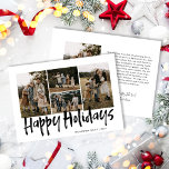 Black Modern Letting Five Foto Happy Feiertagskarte<br><div class="desc">Die Black Modern Lettering Five Foto Happy Holiday Card verfügt über vier Fotos vorne und ein weiteres Foto hinten mit Platz für Ihre längere Nachricht.</div>