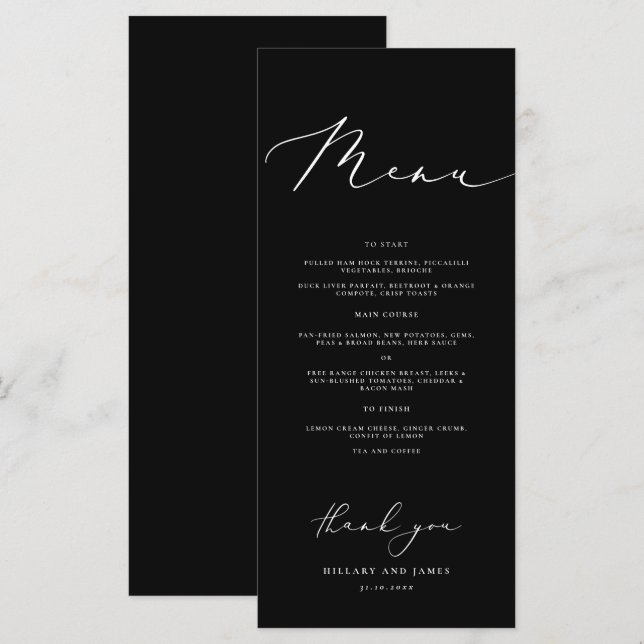 Black Modern Minimalistisch Calligraphy Wedding Di Menükarte (Vorne/Hinten)