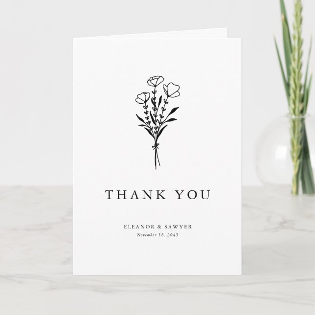 Black Modern Minimalistisch Floral Bouquet Wedding Dankeskarte (Vorderseite)