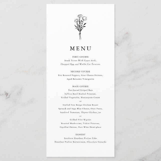 Black Modern Minimalistisch Floral Bouquet Wedding Menükarte (Vorderseite)