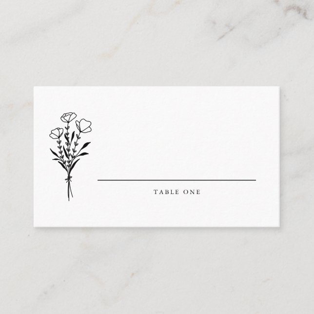 Black Modern Minimalistisch Floral Bouquet Wedding Platzkarte (Vorderseite)