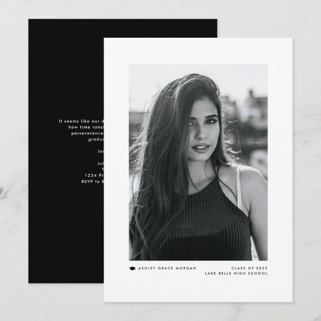 Black Modern Minimalistisch Foto Abschluss Ankündigung (Vorne/Hinten)