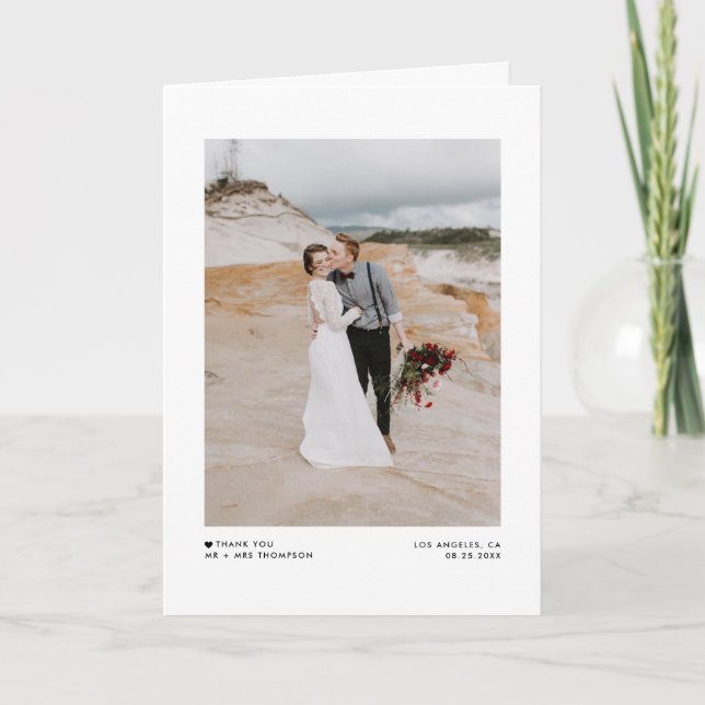 Black Modern Minimalistisch Typografy Foto Wedding Dankeskarte (Vorderseite)