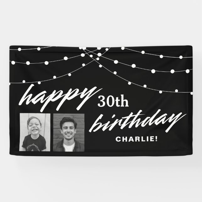 Black Modern Photo Any Birthday Party Banner (Horizontal)