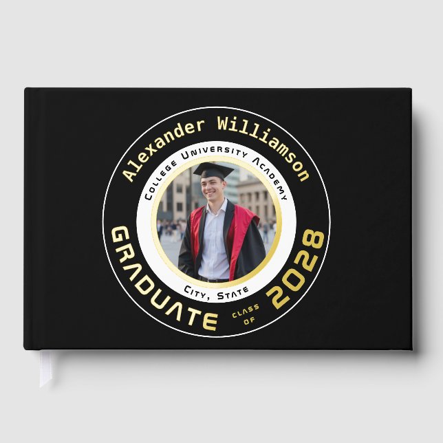Black Modern Photo Graduation Gold Foil Guest Book Gästebuch (Vorderseite)
