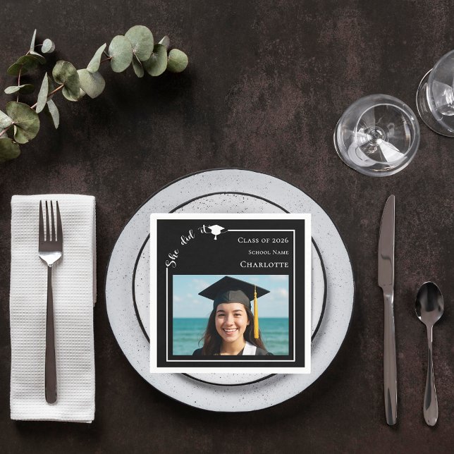Black modern photo Graduation Party Serviette (Von Creator hochgeladen)