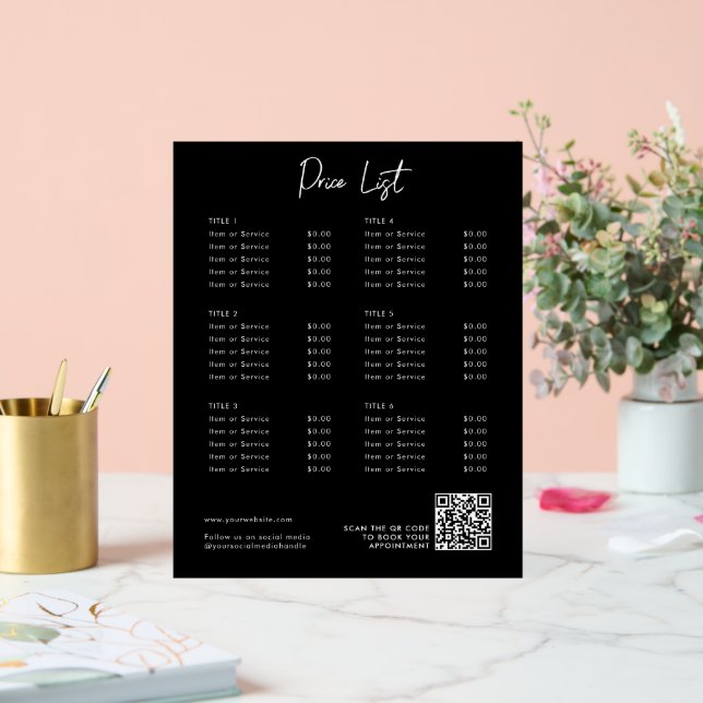 Black Modern Price List Menu QR Code Social Media (Mariage)