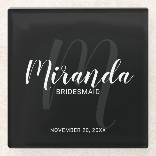 Black Modern Script Personalisiert Bridesmaiers Glasuntersetzer (Vorderseite)