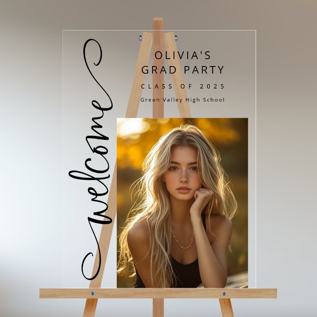 Black Modern Script Photo Grad Party Welcome (Shown on an 18" x 24" clear acrylic sign)