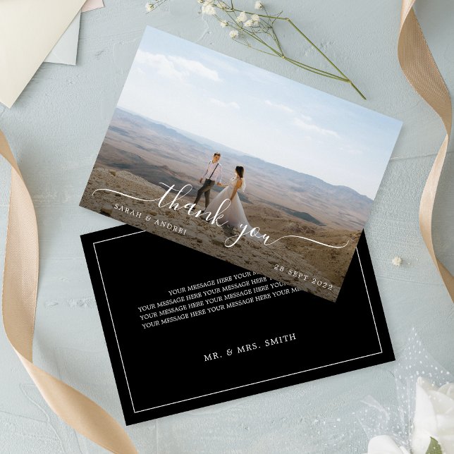 Black Modern Simple Foto Script Wedding Dankeskarte (Von Creator hochgeladen)