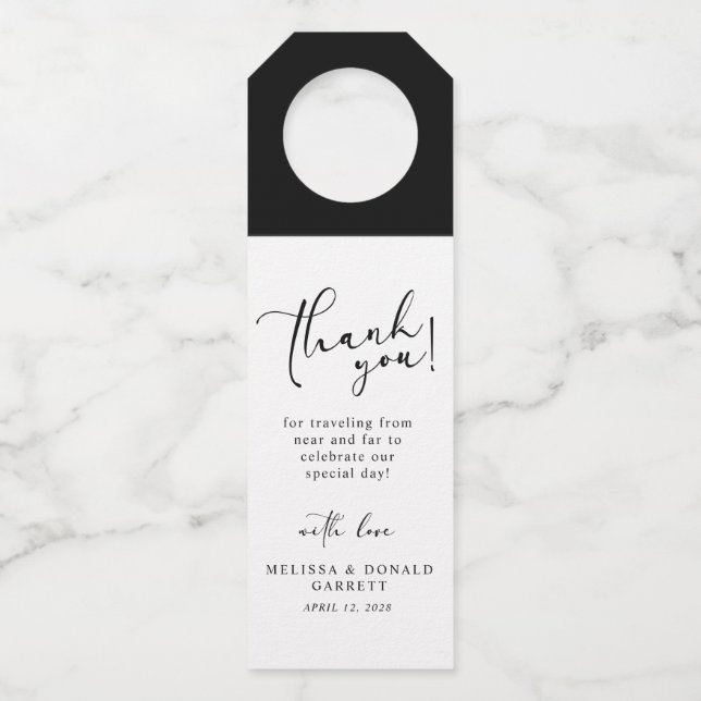 Black Modern Simple Script Wedding Vielen Dank Flaschenanhänger (Vorderseite)