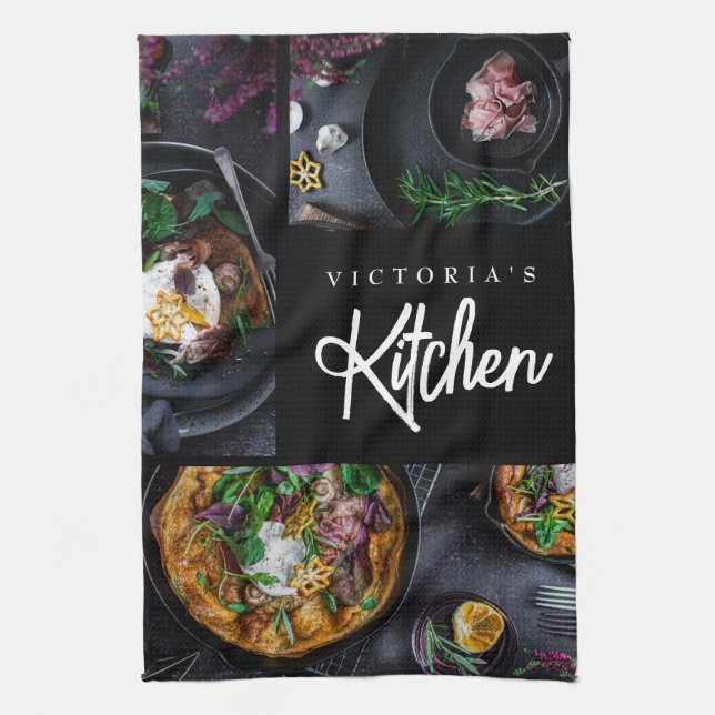 Black Modern Stylish Typografie Custom Foto Geschirrtuch (Vertikal)