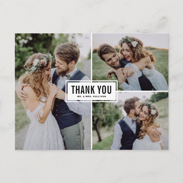 Black Modern Three Foto Collage Wedding Vielen Dan Postkarte (Vorderseite)