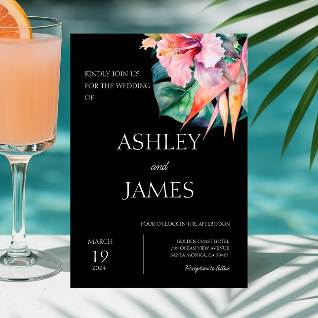 Black Modern Tropical Blume Greenerity Wedding Einladung (Modern Tropical Flowers Greenery Wedding Invitation)