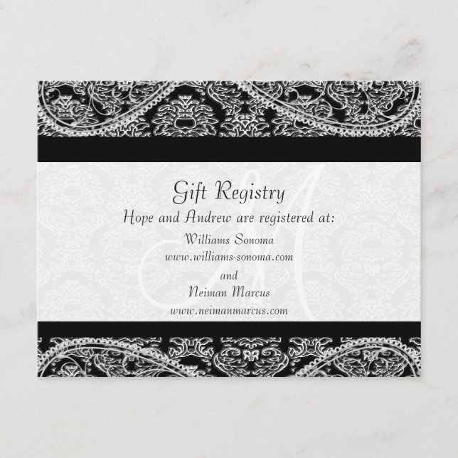 Black Monogram Damask Gift Registry Wedding Begleitkarte (Vorderseite)