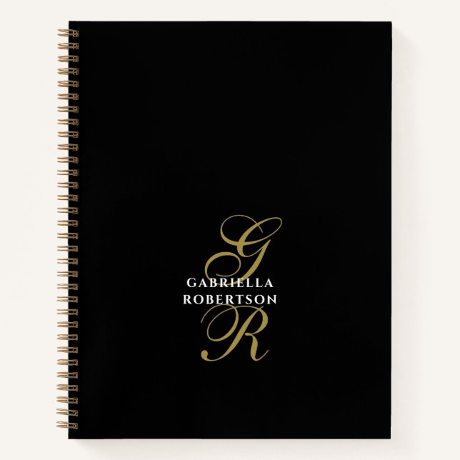 Black Monogram Gold Initials White Name Elegant  Notizbuch (Vorderseite)