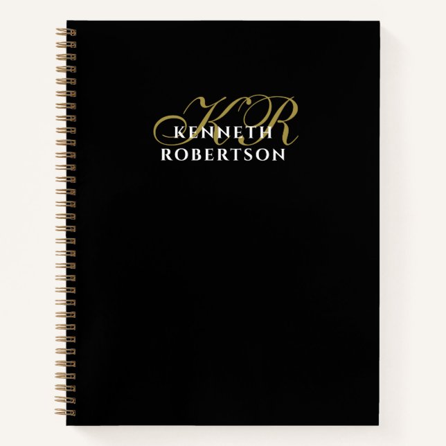 Black Monogram Gold White Minimalist Elegant Men  Notizbuch (Vorderseite)