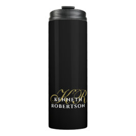 Black Monogram Gold White Minimalist Elegant Men Thermosbecher
