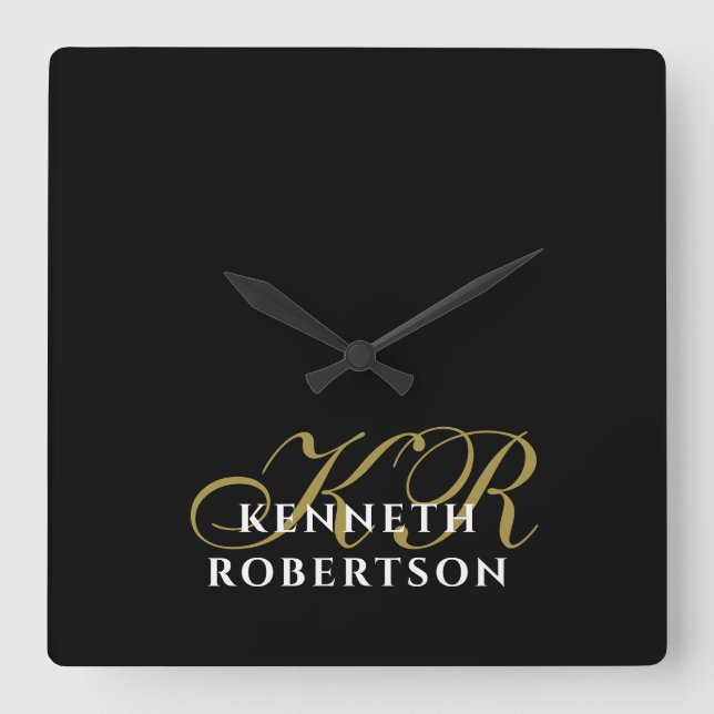 Black Monogram Gold White Minimalist Modern Men Quadratische Wanduhr (Vorderseite)