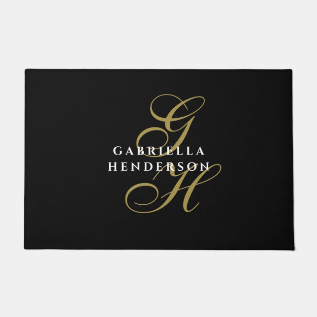 Black Monogram Gold White Name Minimalist Elegant  Fußmatte (Vorderseite)