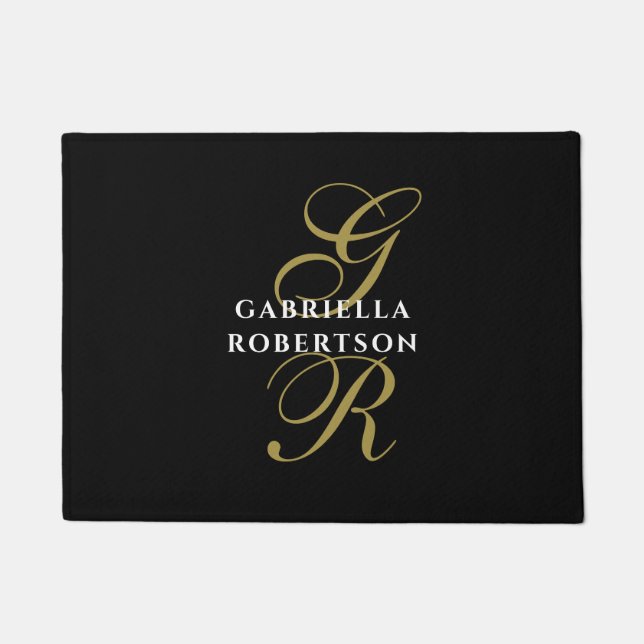 Black Monogram Gold White Name Minimalist Elegant  Fußmatte (Vorderseite)