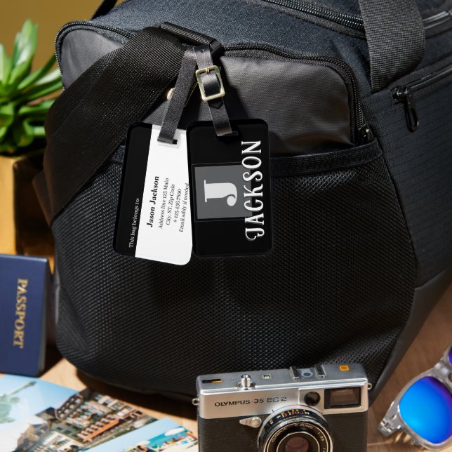 Black Monogram Large Initial Gepäckanhänger (Vorderseite & Rückseite)