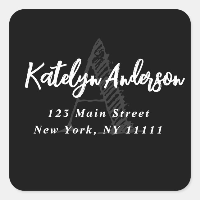 Black Monogram Modern Square Rücksendeadresse Quadratischer Aufkleber (Vorderseite)